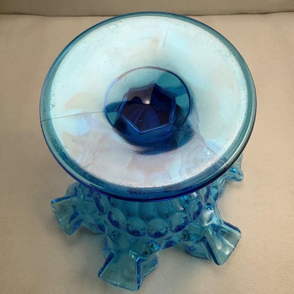 Vintage Fenton Colonial Blue Thumbprint Compote Ruffled Pedestal Bowl - Picture 5 of 8
